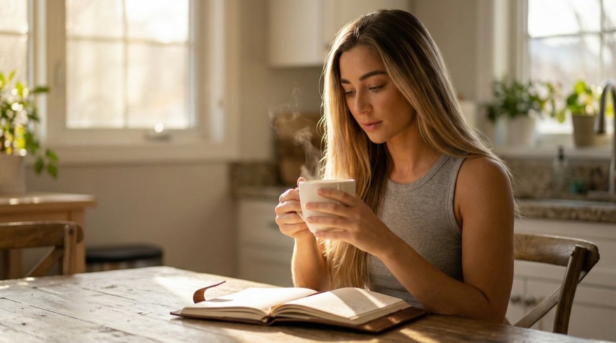 Rebecca seated with a book in soft morning light
